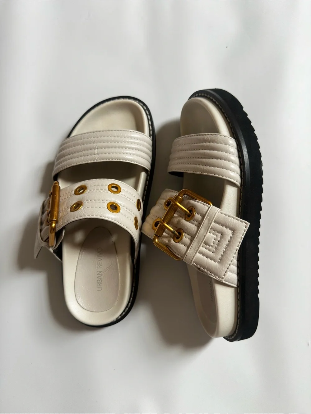 Cream Slide Sandals with Gold Buckle Accents - Kids